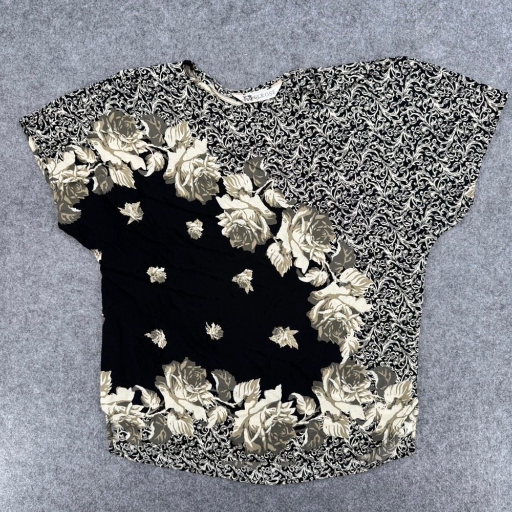 Melrose Blouse Womens S P74304S Black Floral Scroll Mixed Print Rayon EUC